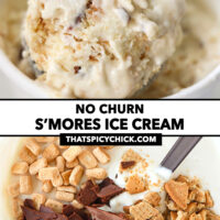 Ice cream scoop in carton, and mixture in mixing bowl. Text overlay "No Churn S'mores Ice Cream" and "thatspicychick.com".