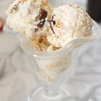 Close-up front view of s'mores ice cream scoops in a dessert glass.