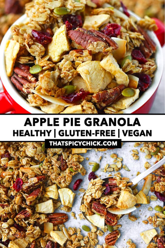 Granola in bowl and on tray with a spoon. Text overlay "Apple Pie Granola", "Healthy | Gluten-free | Vegan", and "thatspicychick.com".