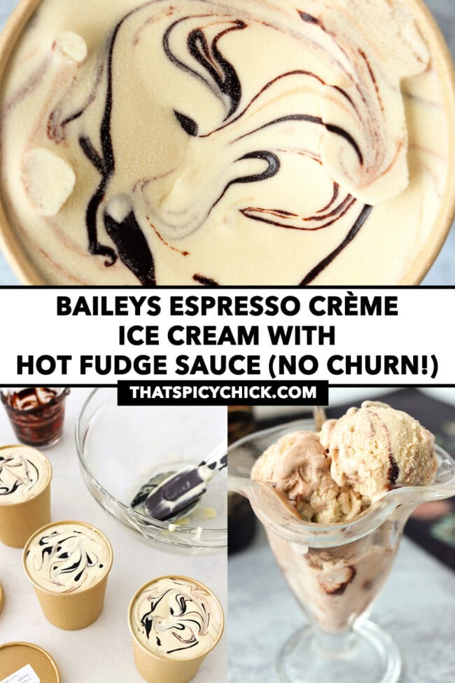 Ice cream in brown paper cartons and in dessert glass. Text overlay "Baileys Espresso Crème Ice Cream with Hot Fudge Sauce (No Churn!)", and "thatspicychick.com".