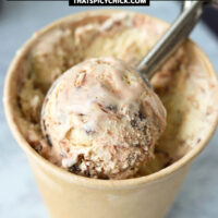 Ice cream scoop in scooper in a paper carton. Text overlay "Baileys Espresso Crème Ice Cream (No Churn) with Hot Fudge Sauce Swirl!", and "thatspicychick.com".