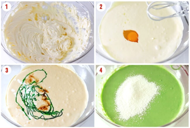 Process steps to make pandan basque burnt cheesecake batter.