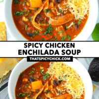 Top and front view of soup in bowls garnished with coriander and cheese. Text overlay "Spicy Chicken Enchilada Soup" and "thatspicychick.com".