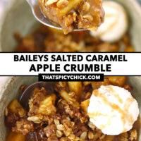 Spoon holding up a bite of apple crumble, and in bowl with ice cream. Text overlay "Baileys Salted Caramel Apple Crumble" and "thatspicychick.com".