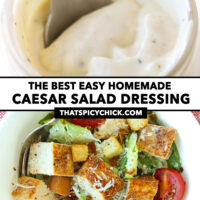 Jar with dressing and spoon, and bowl of salad. Text overlay "The Best Easy Homemade Caesar Salad Dressing" and "thatspicychick.com".