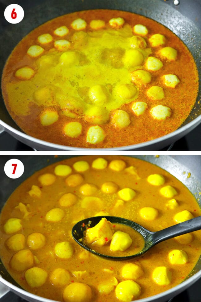 Simmering fish balls in curry sauce, and sauce with fish balls and shu mai in wok.