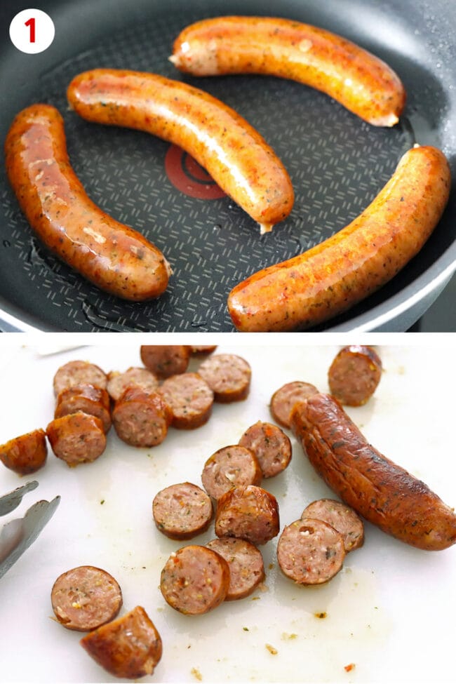 Browning sausage links in a skillet, and sliced sausage discs on a cutting board.