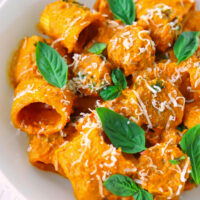 Front side view of plate with pasta garnished with cheese and basil leaves. Text overlay "Spicy Pumpkin Vodka Pasta with Italian Sausage" and "thatspicychick.com".