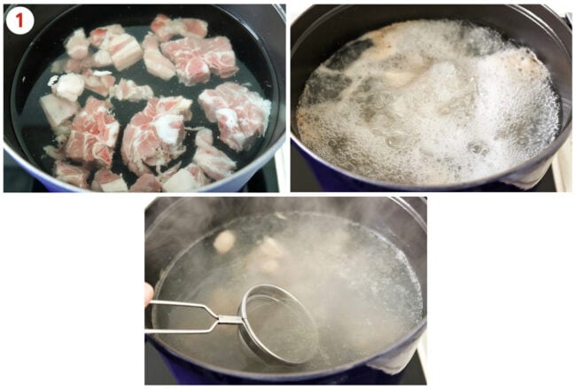 Process steps for making pork spare rib broth in a Dutch oven.