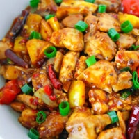 Front view of bowl with spicy black bean chicken.