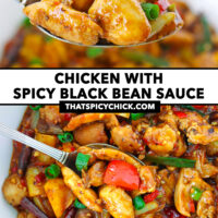 Sppon holding up a bite, and in bowl with chicken stir-fry. Text overlay "Chicken with Spicy Black Bean Sauce" and "thatspicychick.com".