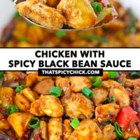 Spoon holding up a bite, and close-up of chicken stir-fry. Text overlay "Chicken with Spicy Black Bean Sauce" and "thatspicychick.com".