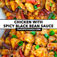 Chicken stir-fry in a bowl with spoon, and front view of bowl. Text overlay "Chicken with Spicy Black Bean Sauce" and "thatspicychick.com".