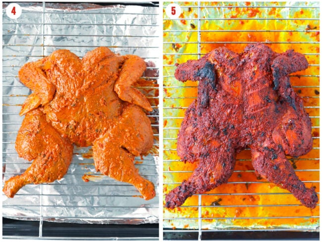 Unbaked and baked Tandoori chicken on a wire rack on a foil lined baking tray.