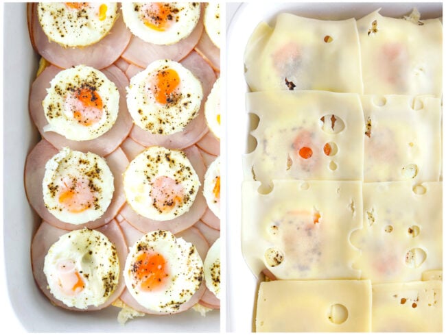 Assembling sliders in dish: bottom half of rolls, mustard, ham, baked eggs, and cheese layers.