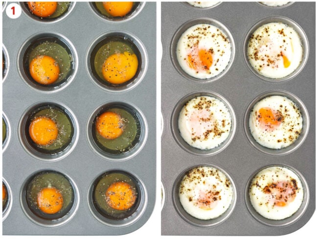 Unbaked and baked eggs in a muffin pan.
