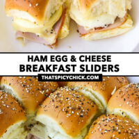 Closeup of two breakfast sliders on a plate and in baking dish. Text overlay "Ham Egg & Cheese Breakfast Sliders" and "thatspicychick.com".