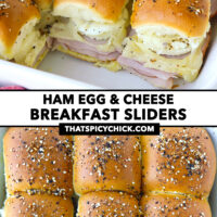 Front and top view of sliders in a baking dish. Text overlay "Ham Egg & Cheese Breakfast Sliders" and "thatspicychick.com".