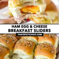 Hand holding up a slider with a bite out and sliders in dish. Text overlay "Ham Egg & Cheese Breakfast Sliders" and "thatspicychick.com".