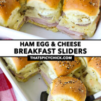Sliders in a baking dish and on a spatula. Text overlay "Ham Egg & Cheese Breakfast Sliders" and "thatspicychick.com".
