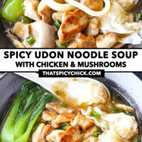Bowl of soup noodles with chopsticks, and closeup top view. Text overlay "Spicy Udon Noodles with Chicken & Mushrooms" and "thatspicychick.com".