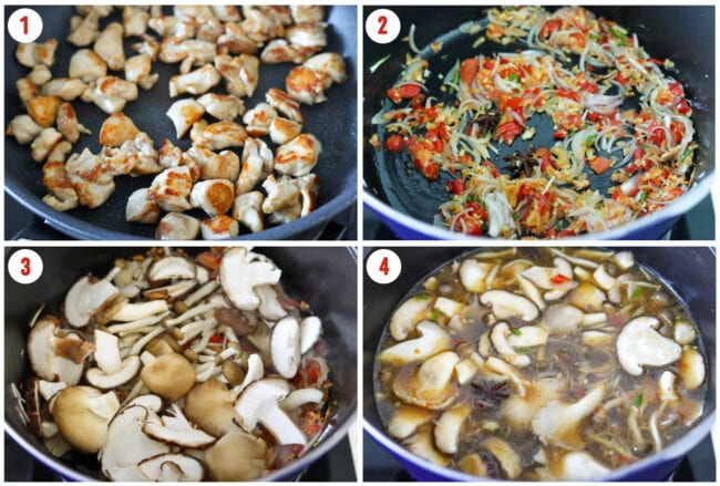 Process steps to make spicy udon soup with chicken and mushrooms.