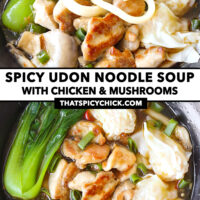 Chopsticks and spoon in a bowl of soup noodles, and noodle soup in a bowl. Text overlay "Spicy Udon Noodles with Chicken & Mushrooms" and "thatspicychick.com".