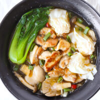 Top view of soup noodles bowl. Text overlay "Spicy Udon Noodles with Chicken & Mushrooms" and "thatspicychick.com".