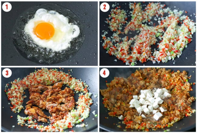 Cooking steps to make kimchi fried rice with pork belly in a wok.