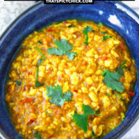 Closeup front view of paneer dish in bowl. Text overlay "Paneer Bhurji Gravy", "Scrambled Cottage Cheese with Onion & Tomato Gravy", and "thatspicychick.com".