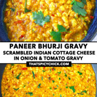 Panner dish in bowl and wok. Text overlay "Paneer Bhurji Gravy", "Scrambled Indian Cottage Cheese in Onion & Tomato Gravy", and "thatspicychick.com".