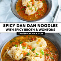 Closeup of spicy soup noodles topped with wontons in a bowl. Text overlay "Spicy Dan Dan Noodles with Spicy Broth & Wontons" and "thatspicychick.com".