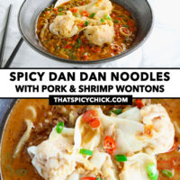 FRont and top view of bowl with spicy soup noodles. Text overlay "Spicy Dan Dan Noodles with Pork & Shrimp Wontons" and "thatspicychick.com".