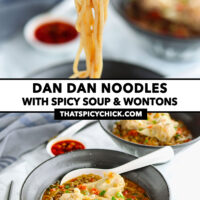 Chopsticks pulling noodles from bowl with spicy soup noodles and wontons. Text overlay "Dan Dan Noodles with Spicy Soup & Wontons" and "thatspicychick.com".