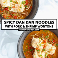 Two bowls with spicy noodle soup topped with wontons. Text overlay "Spicy Dan Dan Noodles with Pork & Shrimp Wontons" and "thatspicychick.com".
