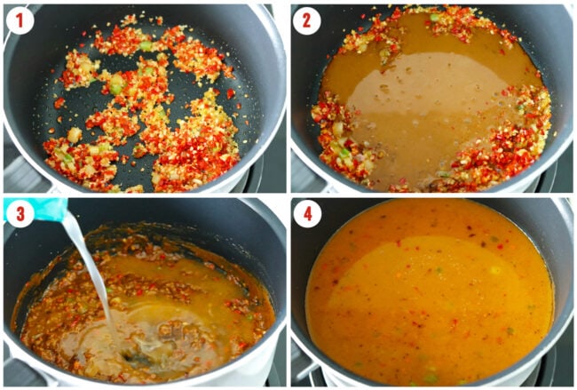Process steps to make spicy dan dan broth.