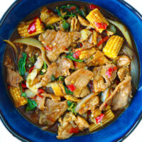Pork stir-fry in a serving bowl. Text overlay "Thai Basil Pork Stir-fry" "Pad Kra Pow Moo" and "thatspicychick.com".