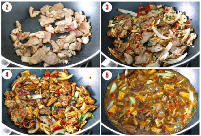 Process steps to make Thai basil pork stir-fry in a wok.