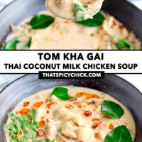 Spoon and bowl with soup. Text overlay "Tom Kha Gai", "Thai Coconut Milk Chicken Soup", and "thatspicychick.com".