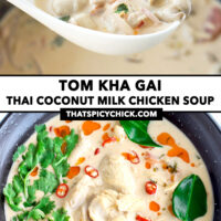 Ladle with soup and soup in bowl. Text overlay "Tom Kha Gai", "Thai Coconut Milk Chicken Soup", and "thatspicychick.com".