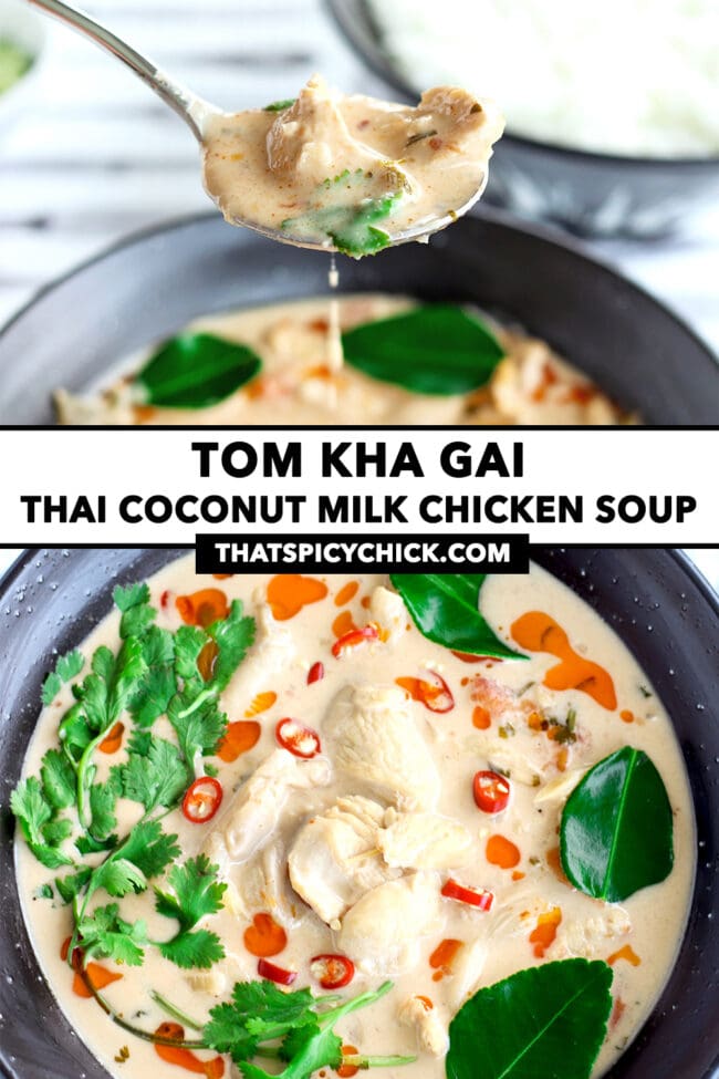 Soup dripping from spoon and bowl of soup. Text overlay "Tom Kha Gai", "Thai Coconut Milk Chicken Soup", "thatspicychick.com".