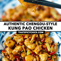 Chopsticks holding up chicken piece and chicken stir-fry on plate. Text overlay "Authentic Chengdu-style Kung Pao Chicken" and "thatspicychick.com.