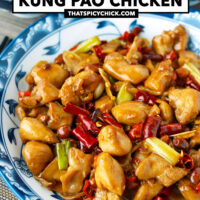 Front view of chicken stir-fry with dried chilies and peanuts on a plate. Text overlay "Chengdu-style Kung Pao Chicken" and "thatspicychick.com.