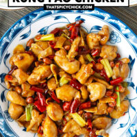 Two bowls with rice and chicken stir-fry on a plate. Text overlay "Authentic Kung Pao Chicken" and "thatspicychick.com.