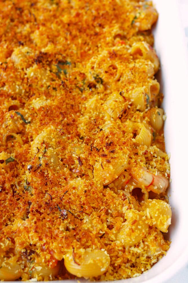 Closeup front view of baked mac and cheese with breadcrumbs in dish.