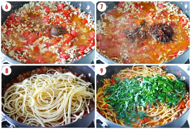 Final process steps to make XO sauce pasta in a large pan.