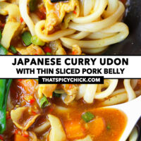 Chopsticks with a bite of noodles and pork slice, and spoon with broth in a bowl. Text overlay "Japanese Curry Udon with Thin Sliced Pork Belly" and "thatspicychick.com".