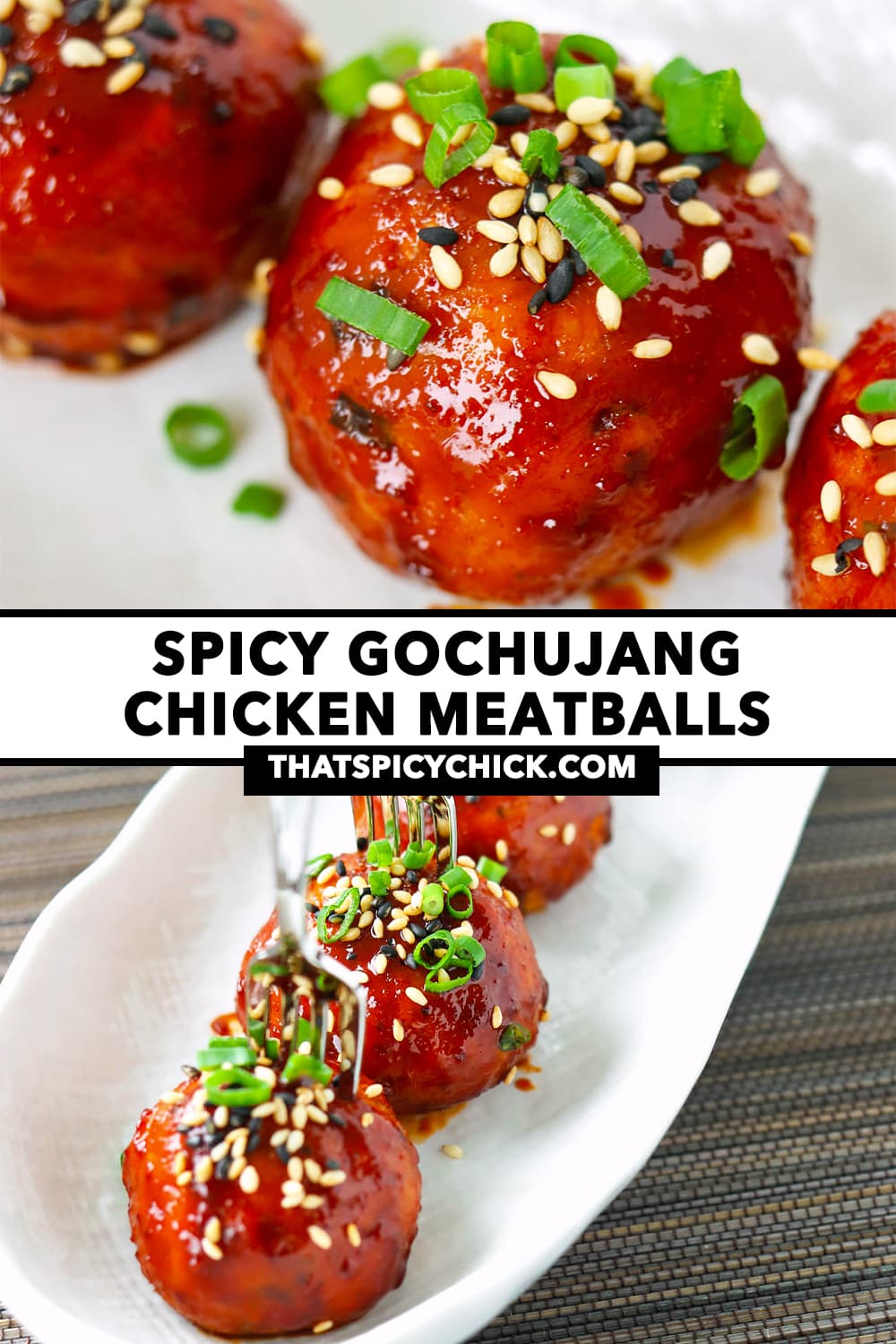 Closeup of Korean meatball and meatballs pierced with mini forks on a serving plate. Text overlay "Spicy Gochujang Chicken Meatballs" and "thatspicychick.com".