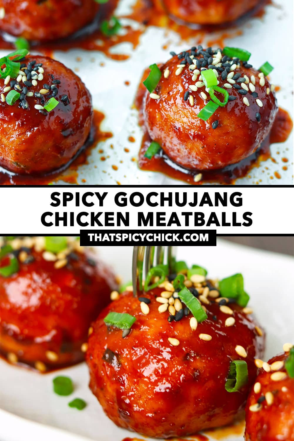 Korean meatballs on foil and on a plate. Text overlay "Spicy Gochujang Chicken Meatballs" and "thatspicychick.com".
