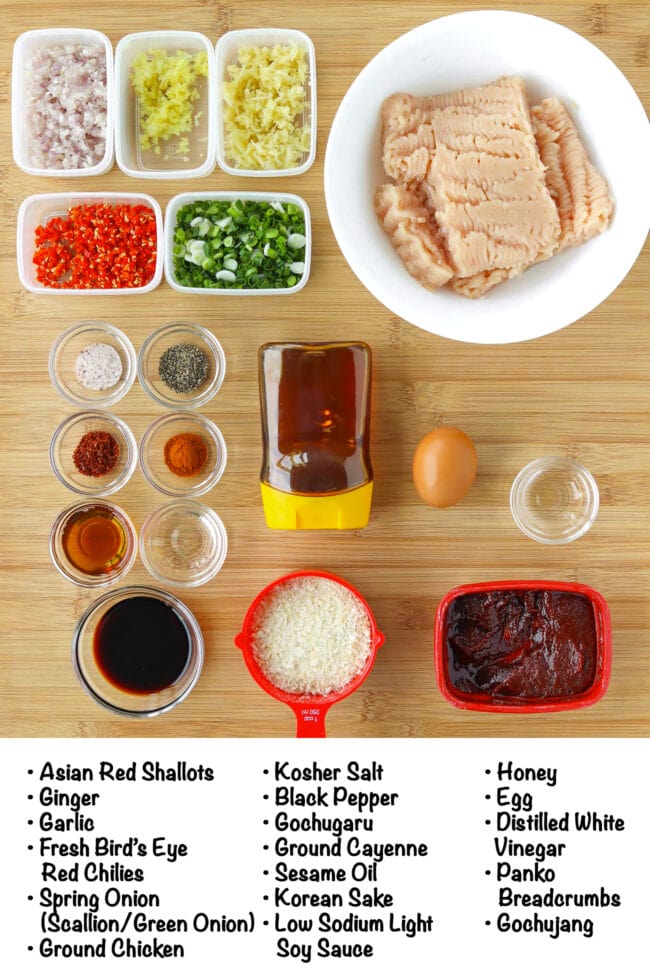 Labeled ingredients for Spicy Gochujang Chicken Meatballs on a wooden board.